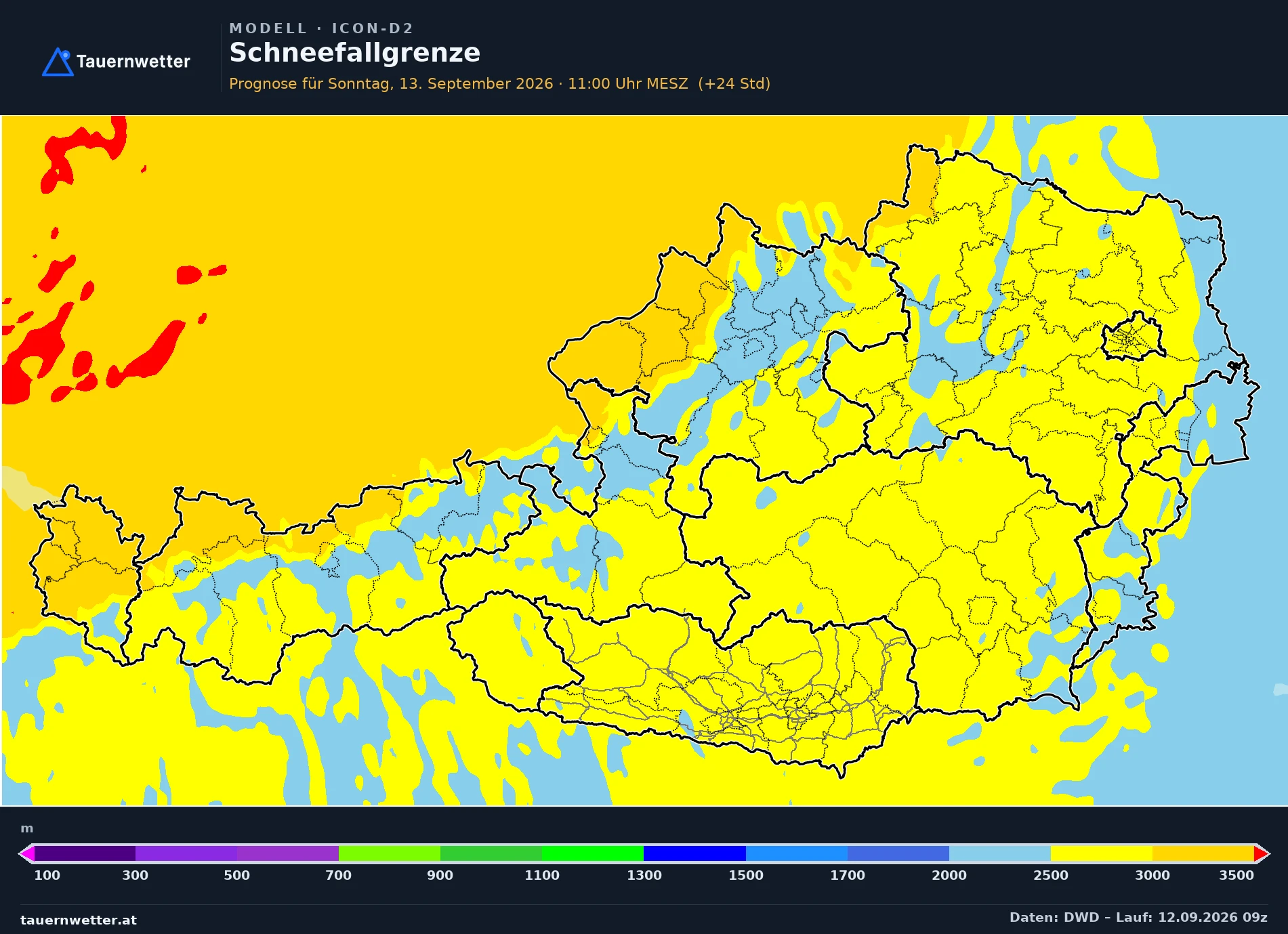 ICON-D2 Modellkarte Schneefallgrenze Österreich, Vorhersage +24 Stunden