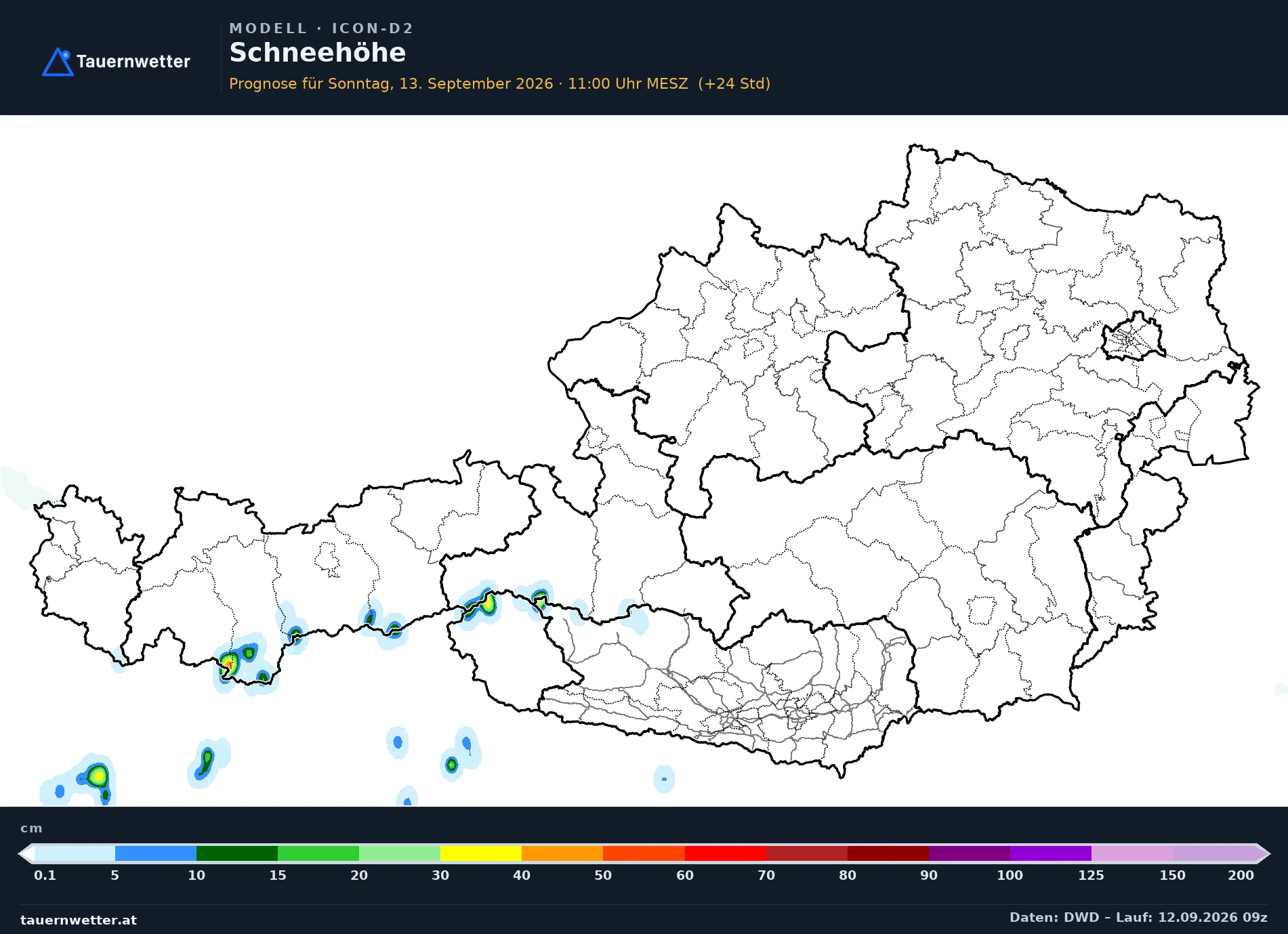 ICON-D2 Modellkarte Schneehöhe Österreich, Vorhersage +24 Stunden