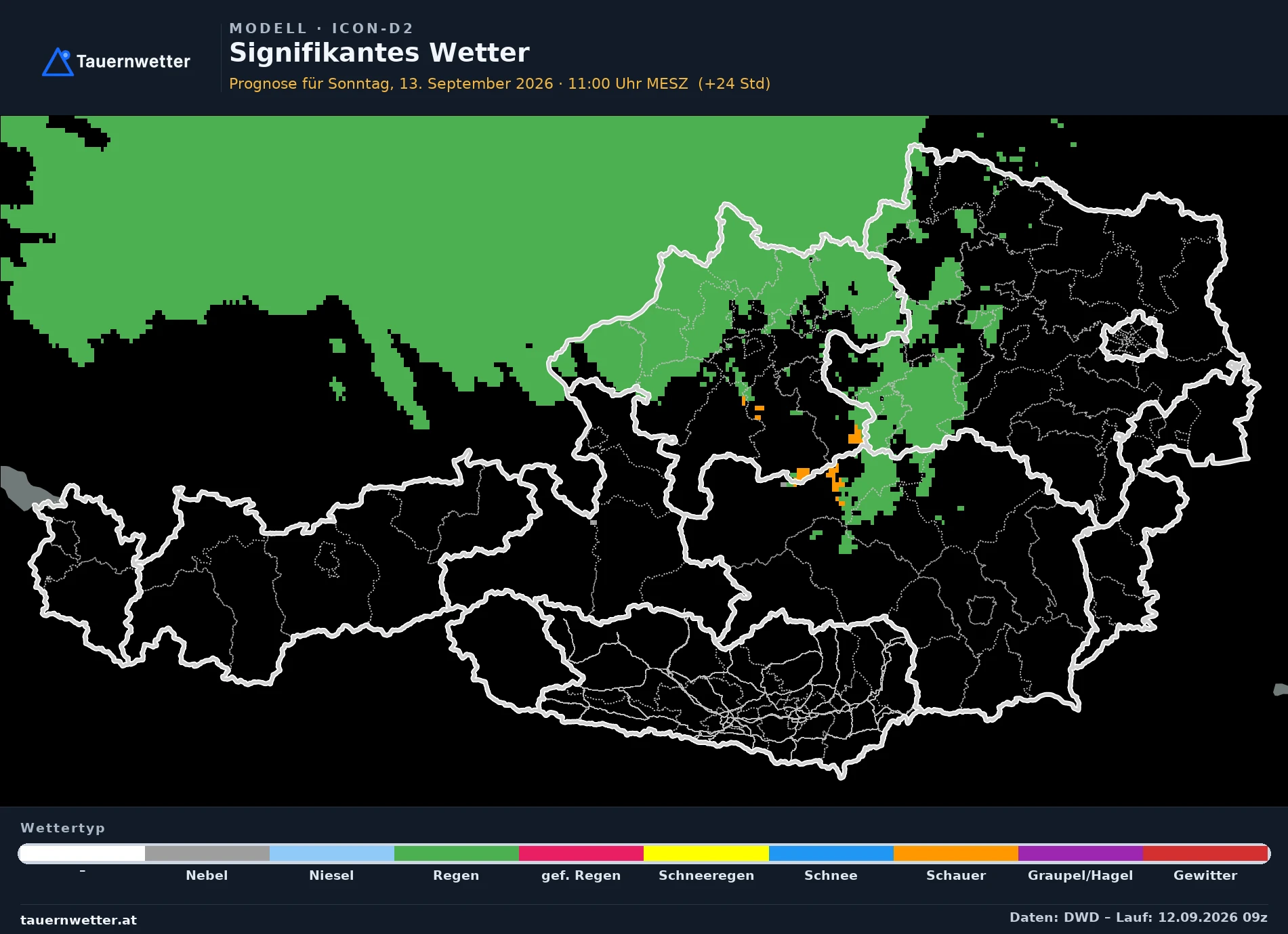 ICON-D2 Modellkarte Signifikantes Wetter Österreich, Vorhersage +24 Stunden