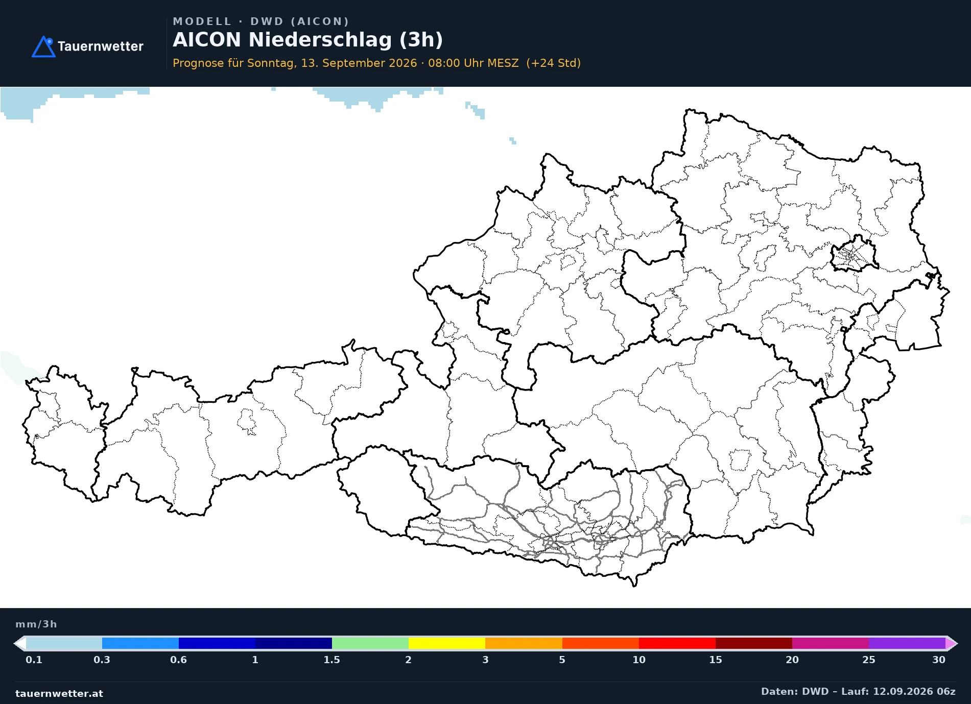 AICON Modellkarte Niederschlag 3 h Österreich, Vorhersage +24 Stunden