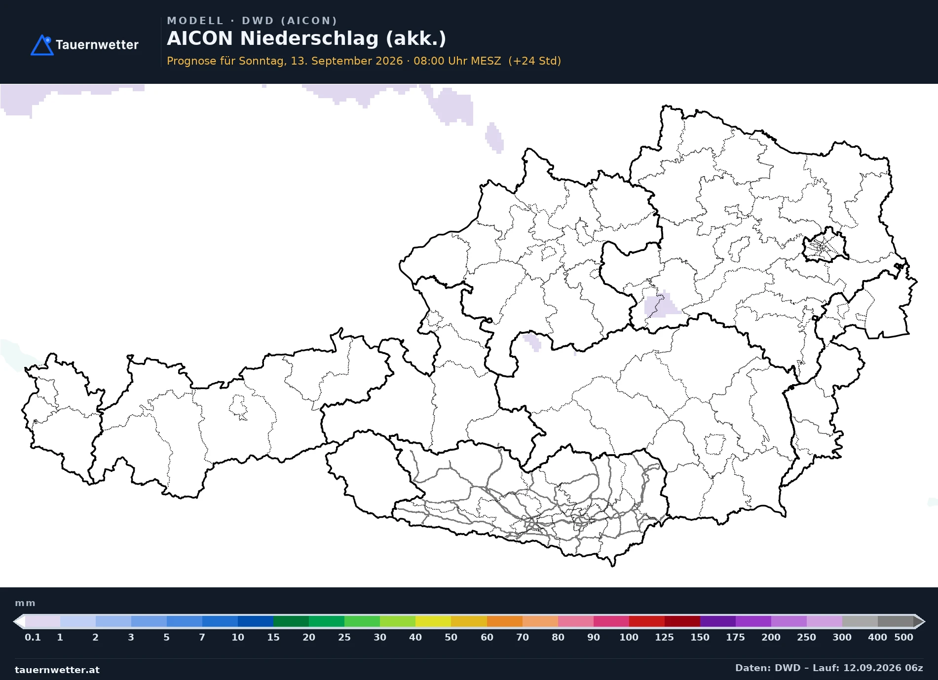 AICON Modellkarte Niederschlag akkumuliert Österreich, Vorhersage +24 Stunden