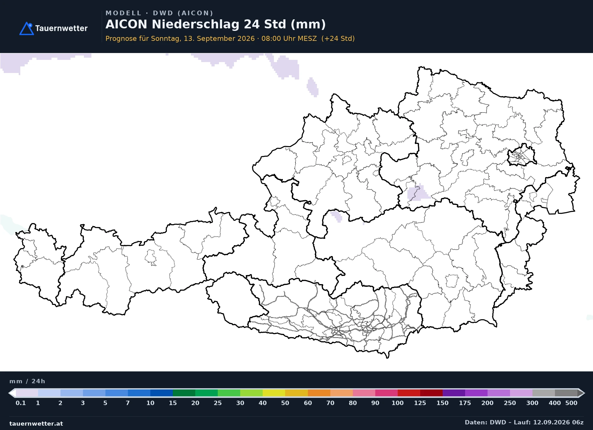 AICON Modellkarte Niederschlag 24 h Österreich, Vorhersage +24 Stunden