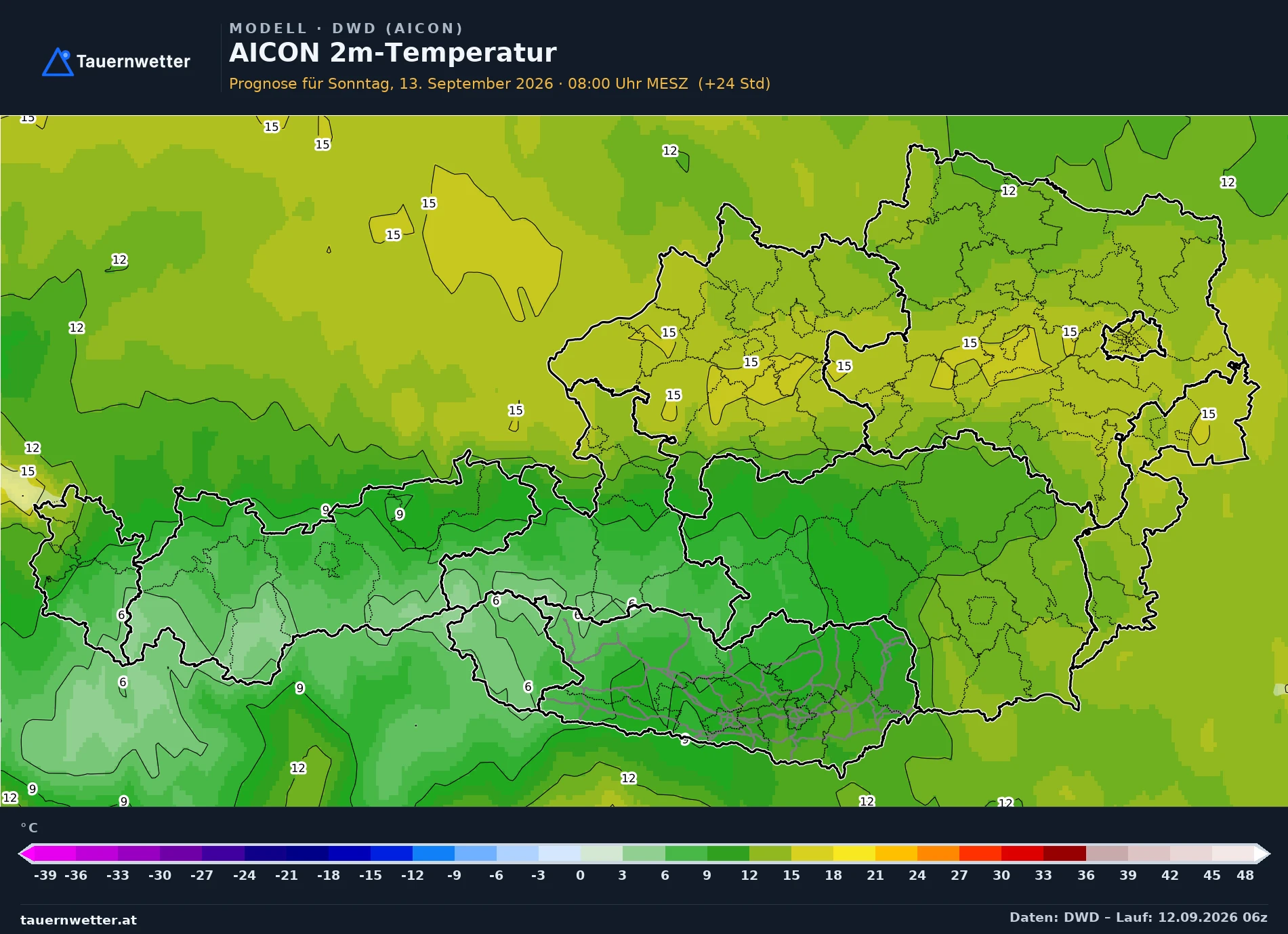 AICON Modellkarte Temperatur 2 m Österreich, Vorhersage +24 Stunden