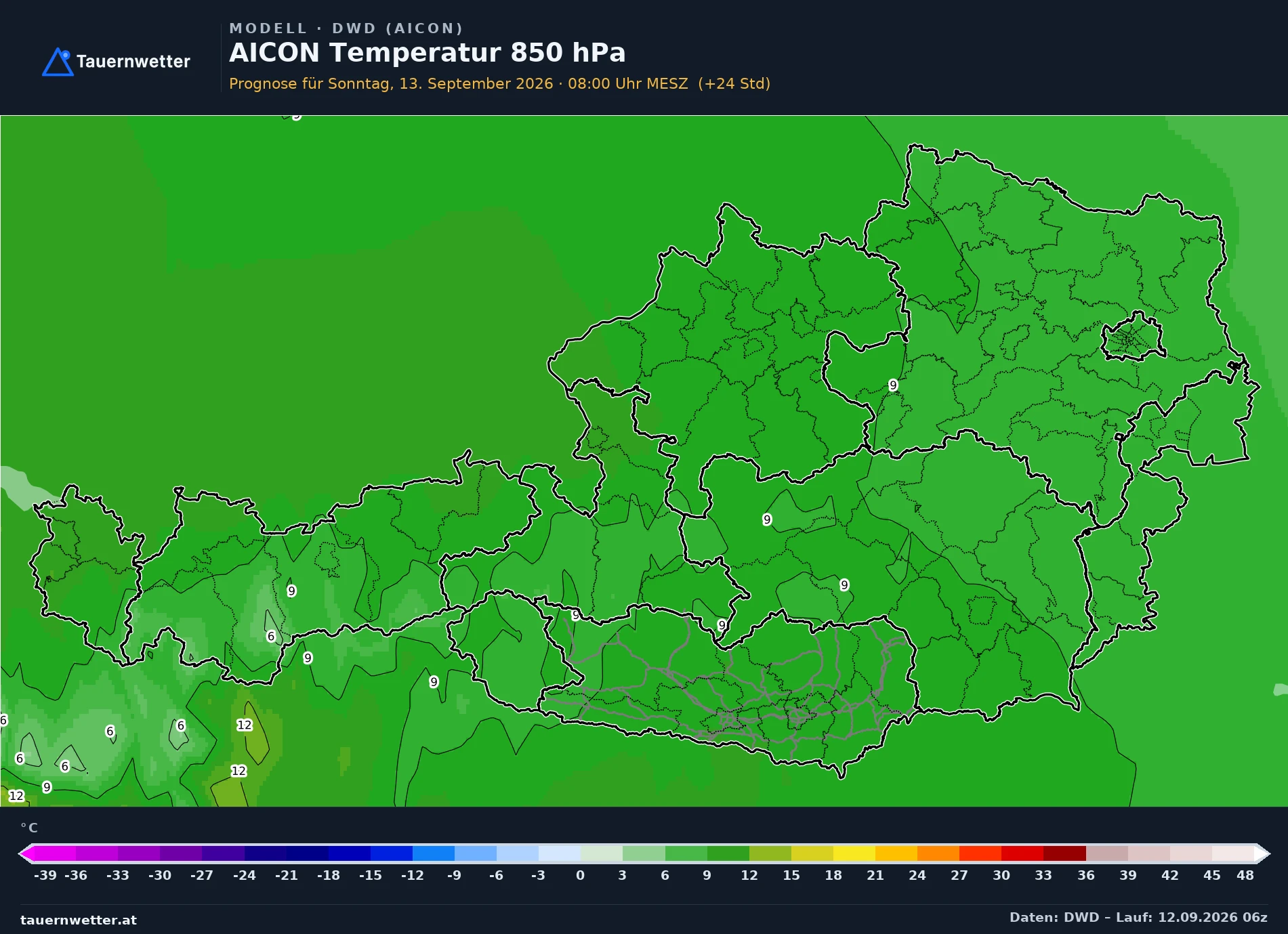 AICON Modellkarte Temperatur 850 hPa Österreich, Vorhersage +24 Stunden