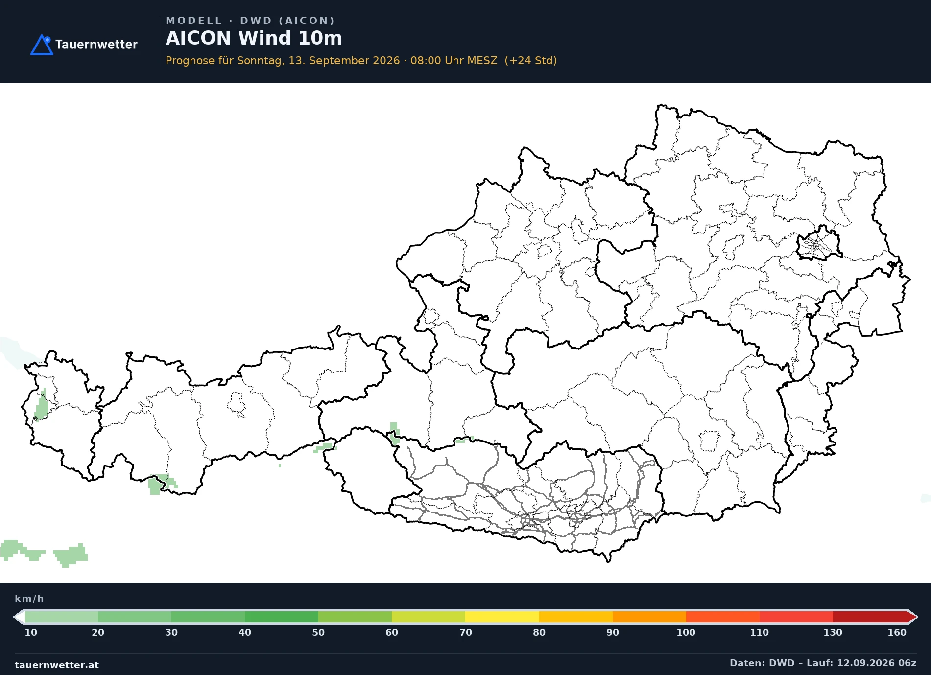 AICON Modellkarte Mittelwind 10 m Österreich, Vorhersage +24 Stunden