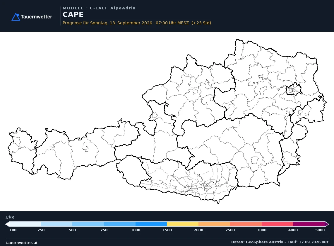 C-LAEF AlpeAdria Modellkarte CAPE, Gewitterpotential Österreich, Vorhersage +24 Stunden