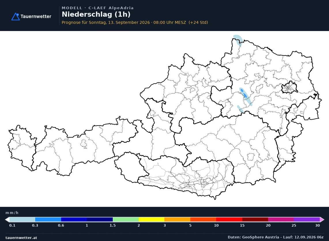 C-LAEF AlpeAdria Modellkarte Niederschlag 1 h Österreich, Vorhersage +24 Stunden