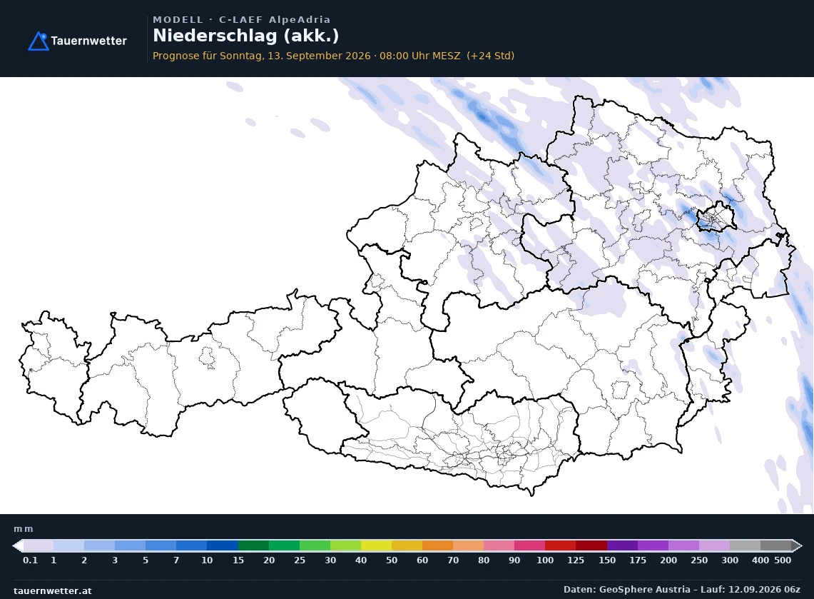 C-LAEF AlpeAdria Modellkarte Niederschlag akkumuliert Österreich, Vorhersage +24 Stunden