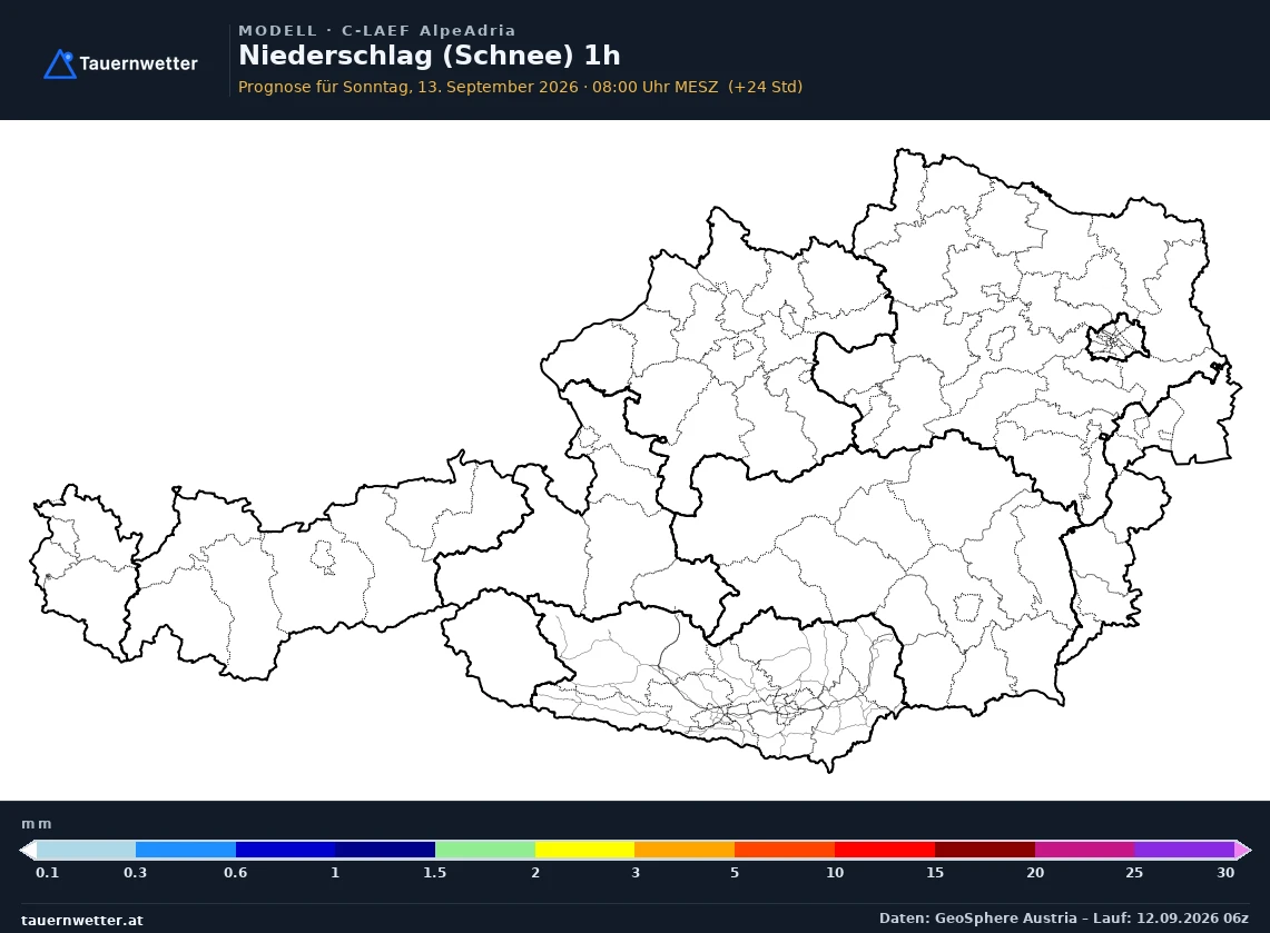 C-LAEF AlpeAdria Modellkarte Schnee 1 h Österreich, Vorhersage +24 Stunden
