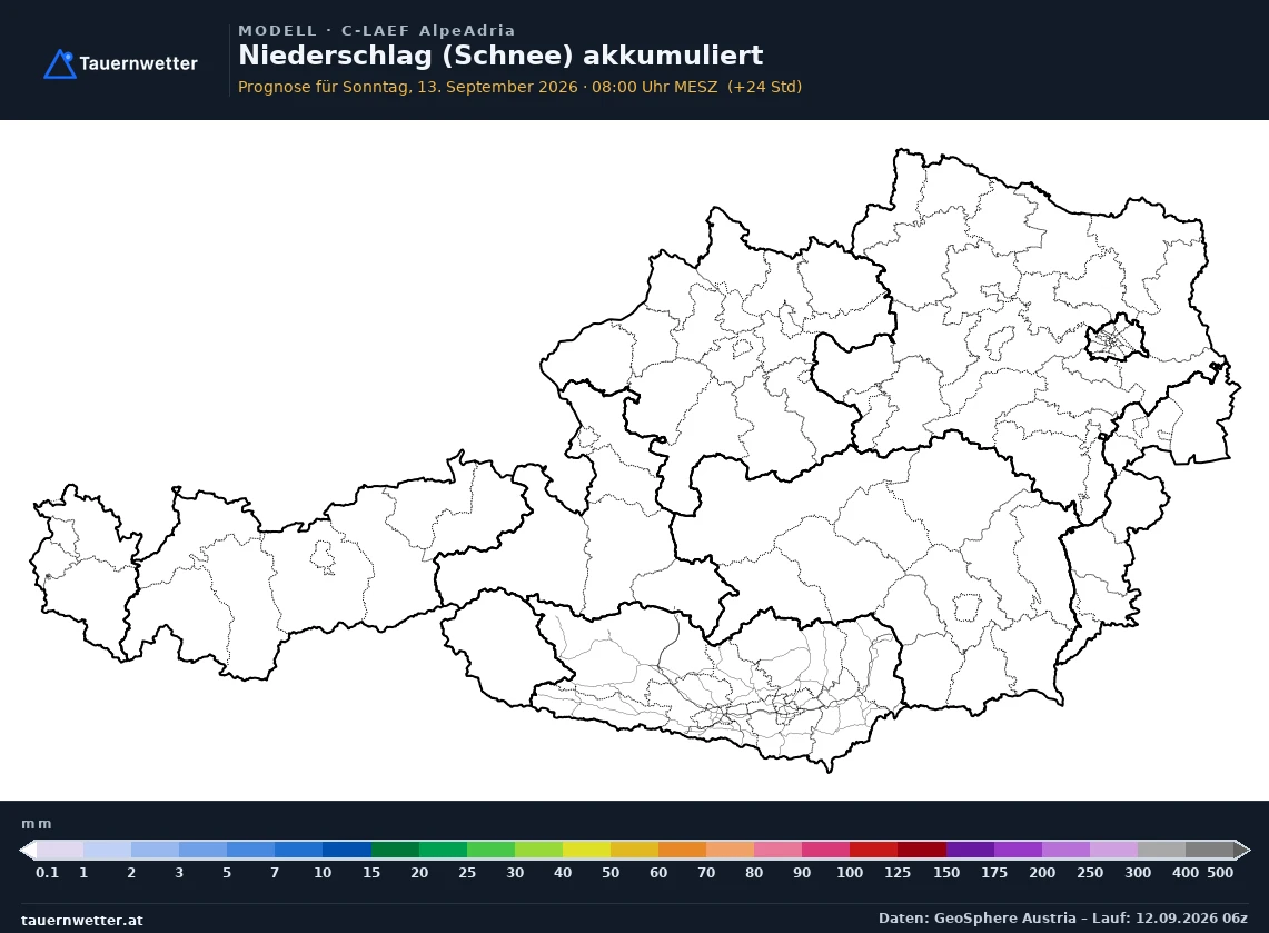 C-LAEF AlpeAdria Modellkarte Schnee akkumuliert Österreich, Vorhersage +24 Stunden