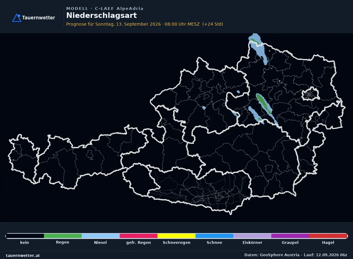 C-LAEF AlpeAdria Modellkarte Niederschlagsform Österreich, Vorhersage +24 Stunden