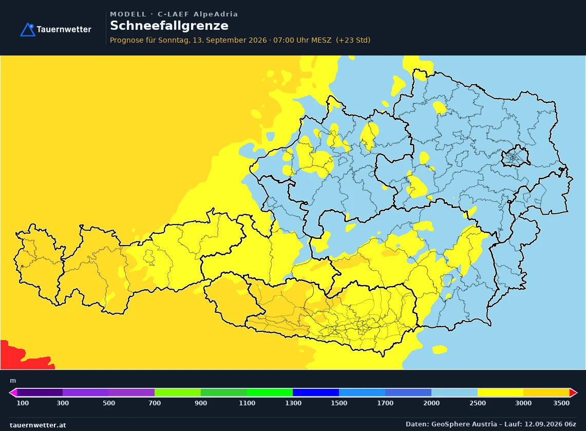 C-LAEF AlpeAdria Modellkarte Schneefallgrenze Österreich, Vorhersage +24 Stunden