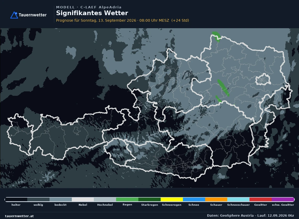 C-LAEF AlpeAdria Modellkarte Signifikantes Wetter Österreich, Vorhersage +24 Stunden