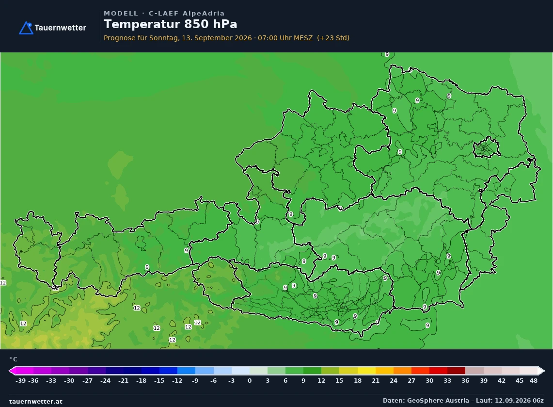 C-LAEF AlpeAdria Modellkarte Temperatur 850 hPa Österreich, Vorhersage +24 Stunden