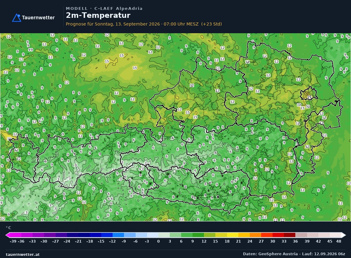 C-LAEF AlpeAdria Modellkarte Temperatur 2 m Österreich, Vorhersage +24 Stunden