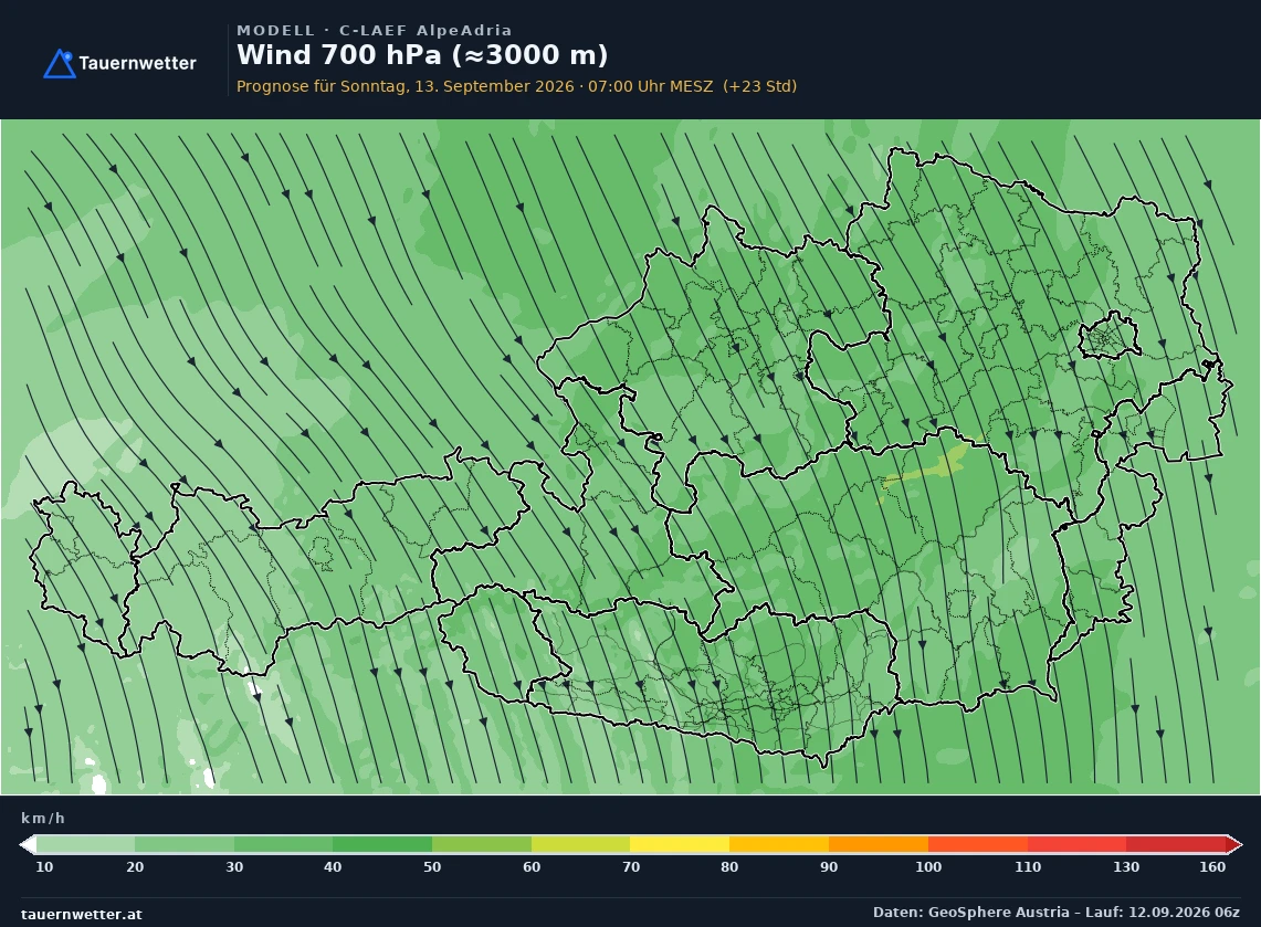 C-LAEF AlpeAdria Modellkarte Wind 700 hPa, rund 3.000 m Österreich, Vorhersage +24 Stunden