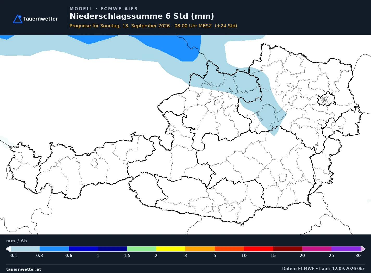 ECMWF AIFS Modellkarte Niederschlag 6 h Österreich, Vorhersage +24 Stunden