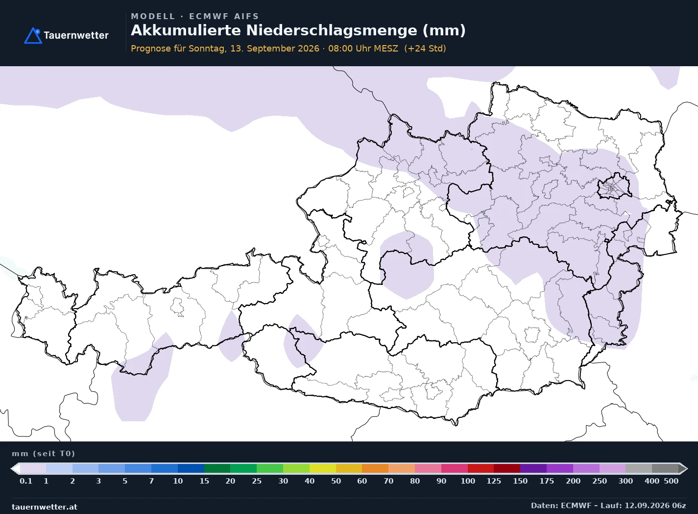 ECMWF AIFS Modellkarte Niederschlag akkumuliert Österreich, Vorhersage +24 Stunden