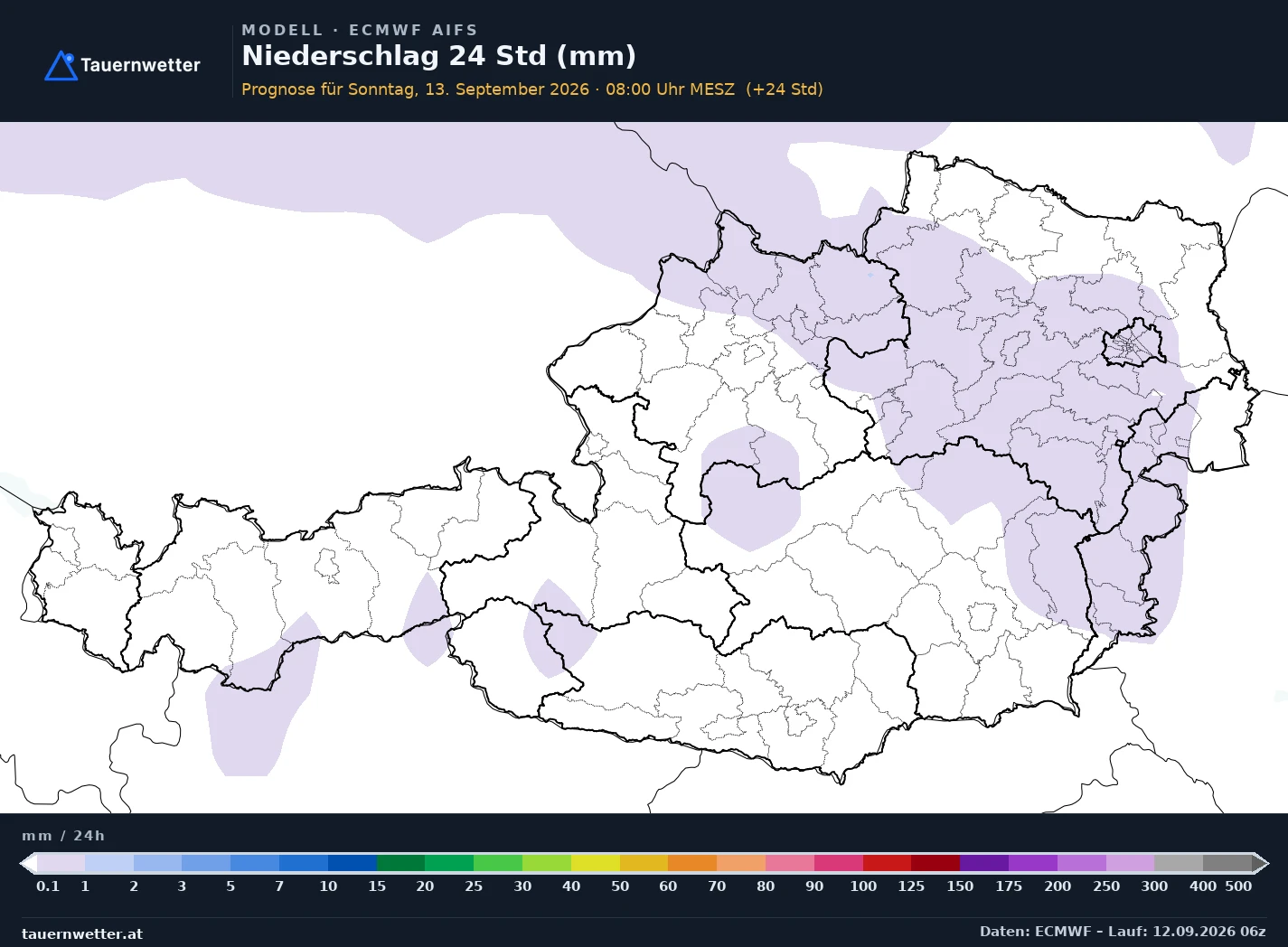ECMWF AIFS Modellkarte Niederschlag 24 h Österreich, Vorhersage +24 Stunden