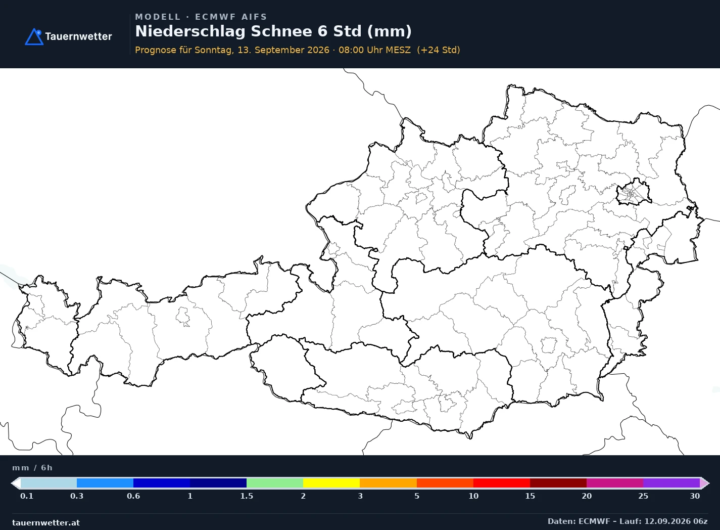 ECMWF AIFS Modellkarte Schnee 6 h Österreich, Vorhersage +24 Stunden