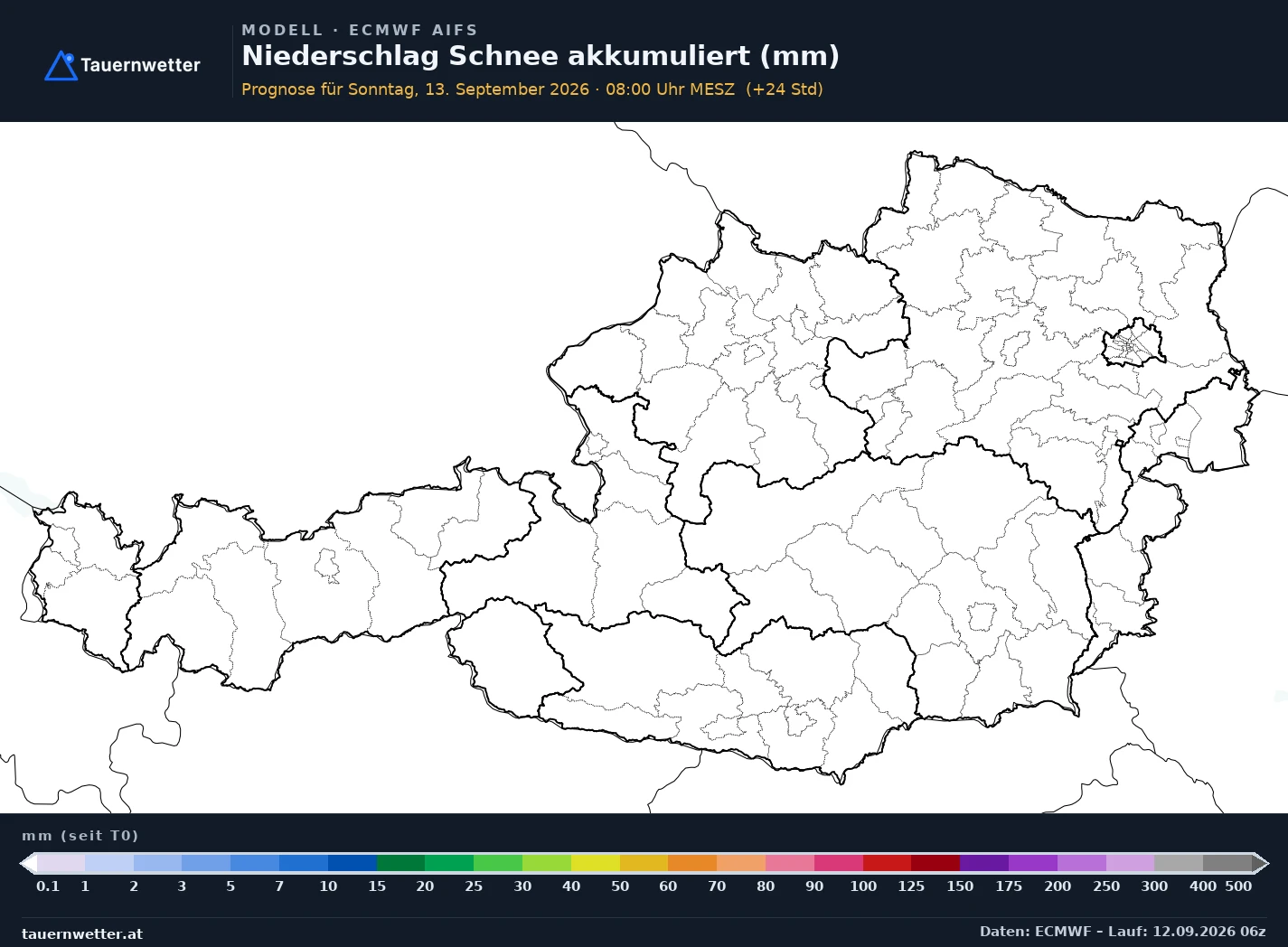 ECMWF AIFS Modellkarte Schnee akkumuliert Österreich, Vorhersage +24 Stunden