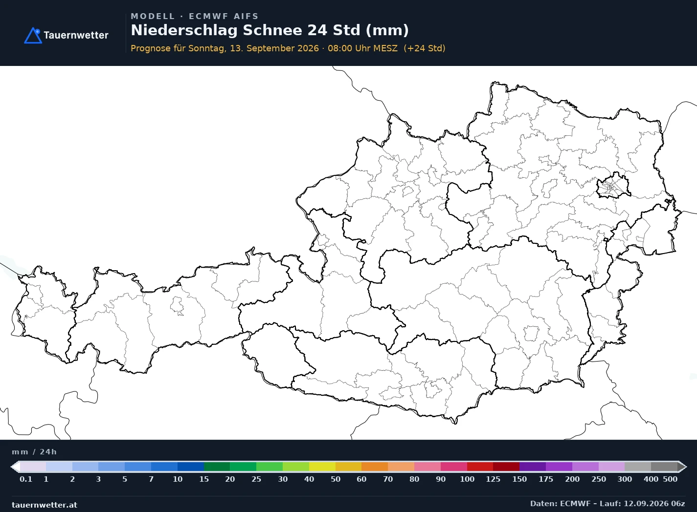 ECMWF AIFS Modellkarte Schnee 24 h Österreich, Vorhersage +24 Stunden