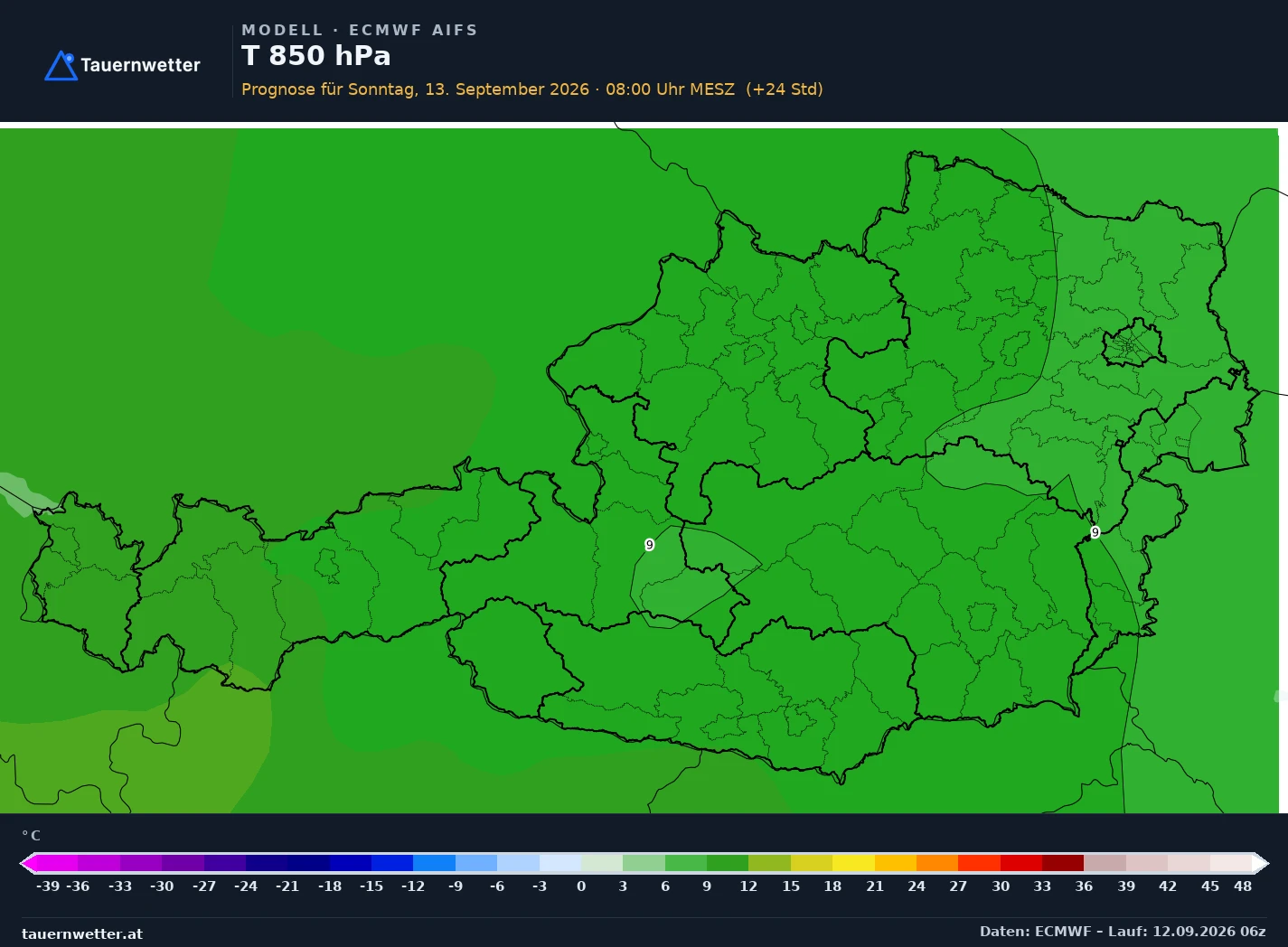 ECMWF AIFS Modellkarte Temperatur 850 hPa Österreich, Vorhersage +24 Stunden