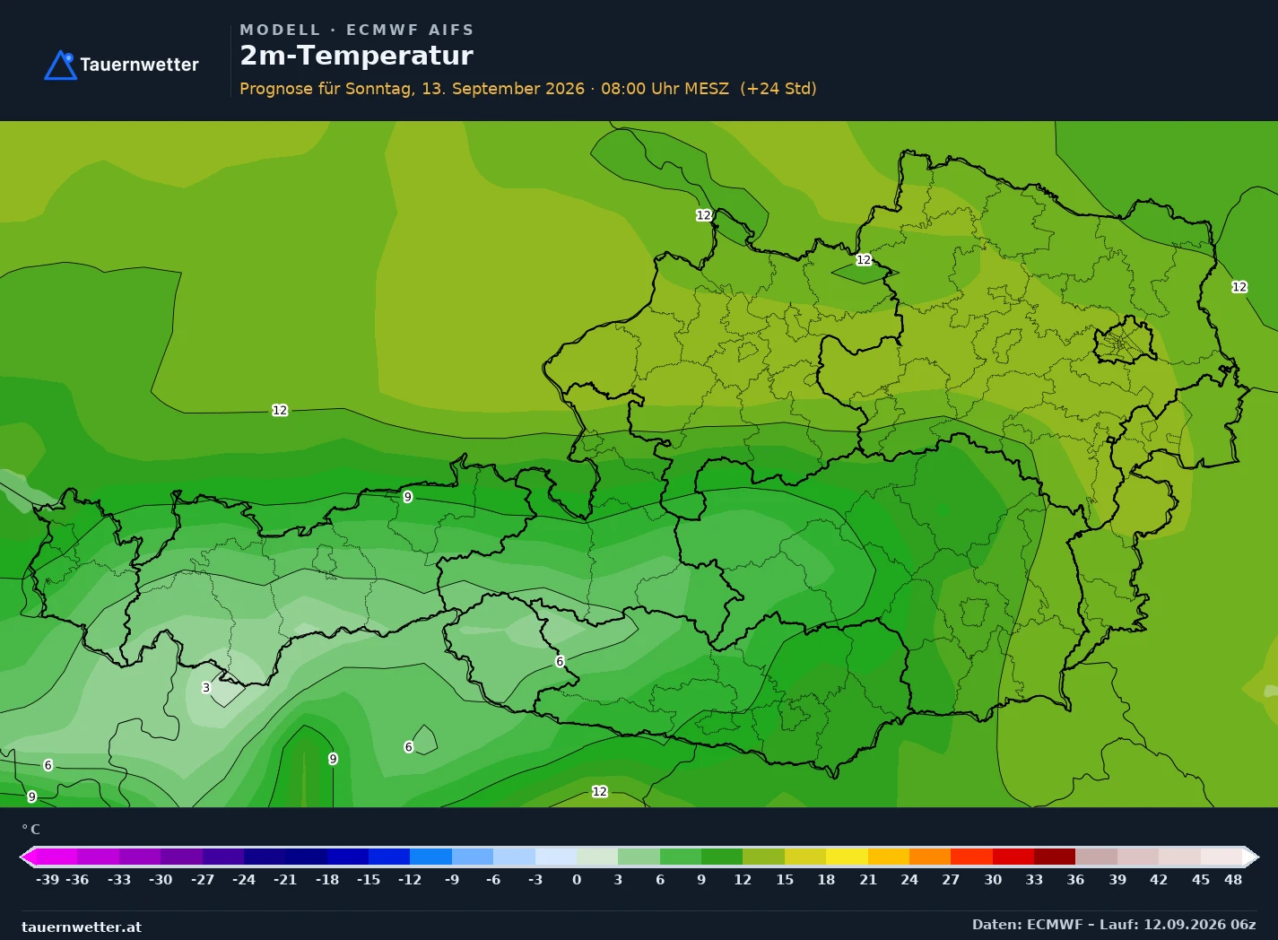 ECMWF AIFS Modellkarte Temperatur 2 m Österreich, Vorhersage +24 Stunden