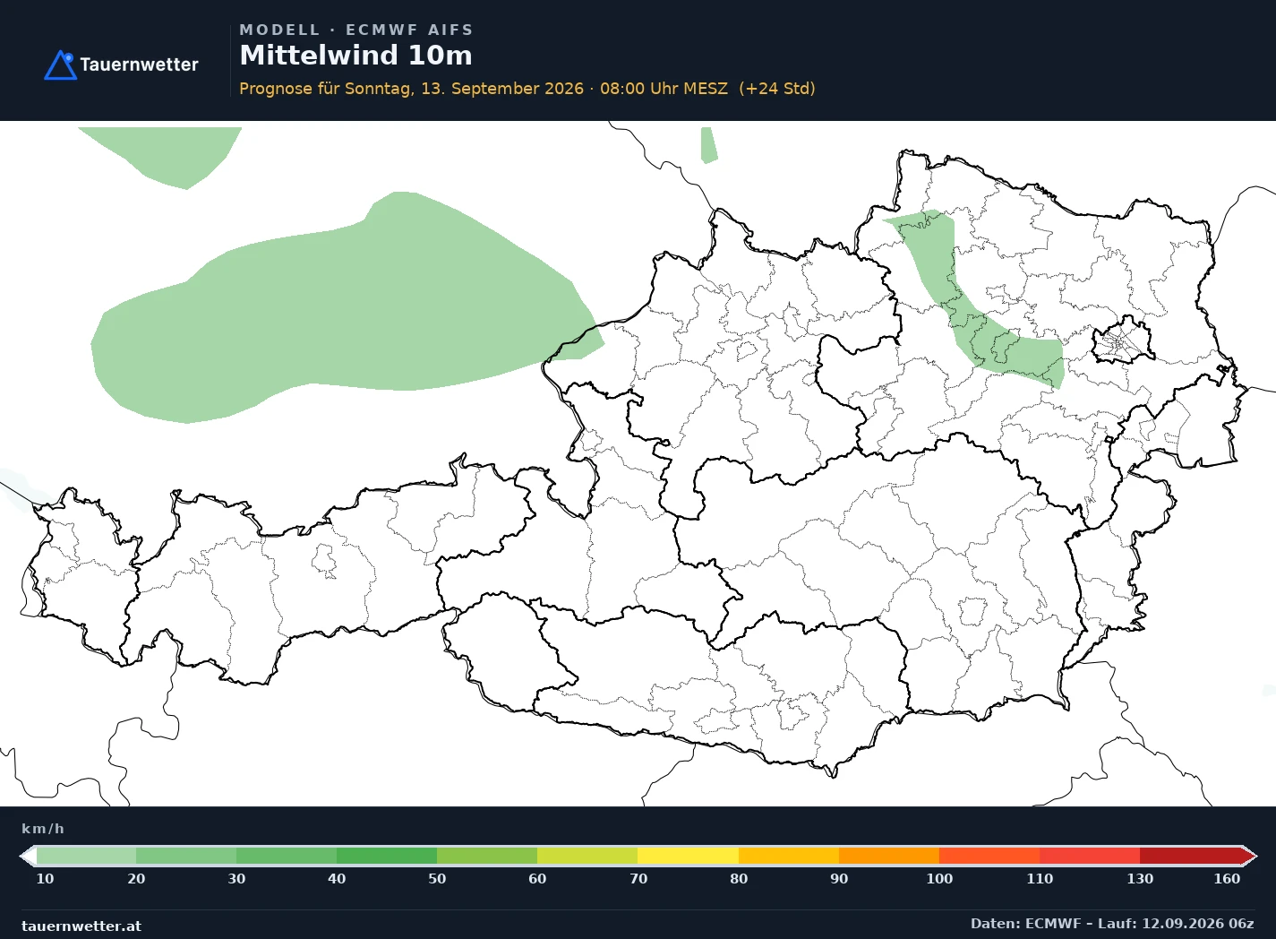 ECMWF AIFS Modellkarte Mittelwind 10 m Österreich, Vorhersage +24 Stunden