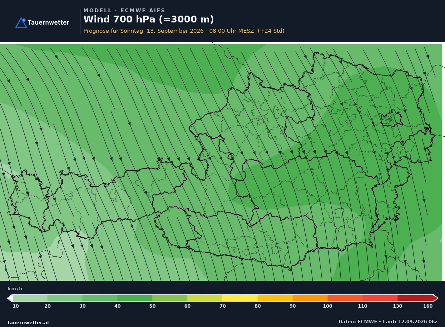 ECMWF AIFS Modellkarte Wind 700 hPa, rund 3.000 m Österreich, Vorhersage +24 Stunden