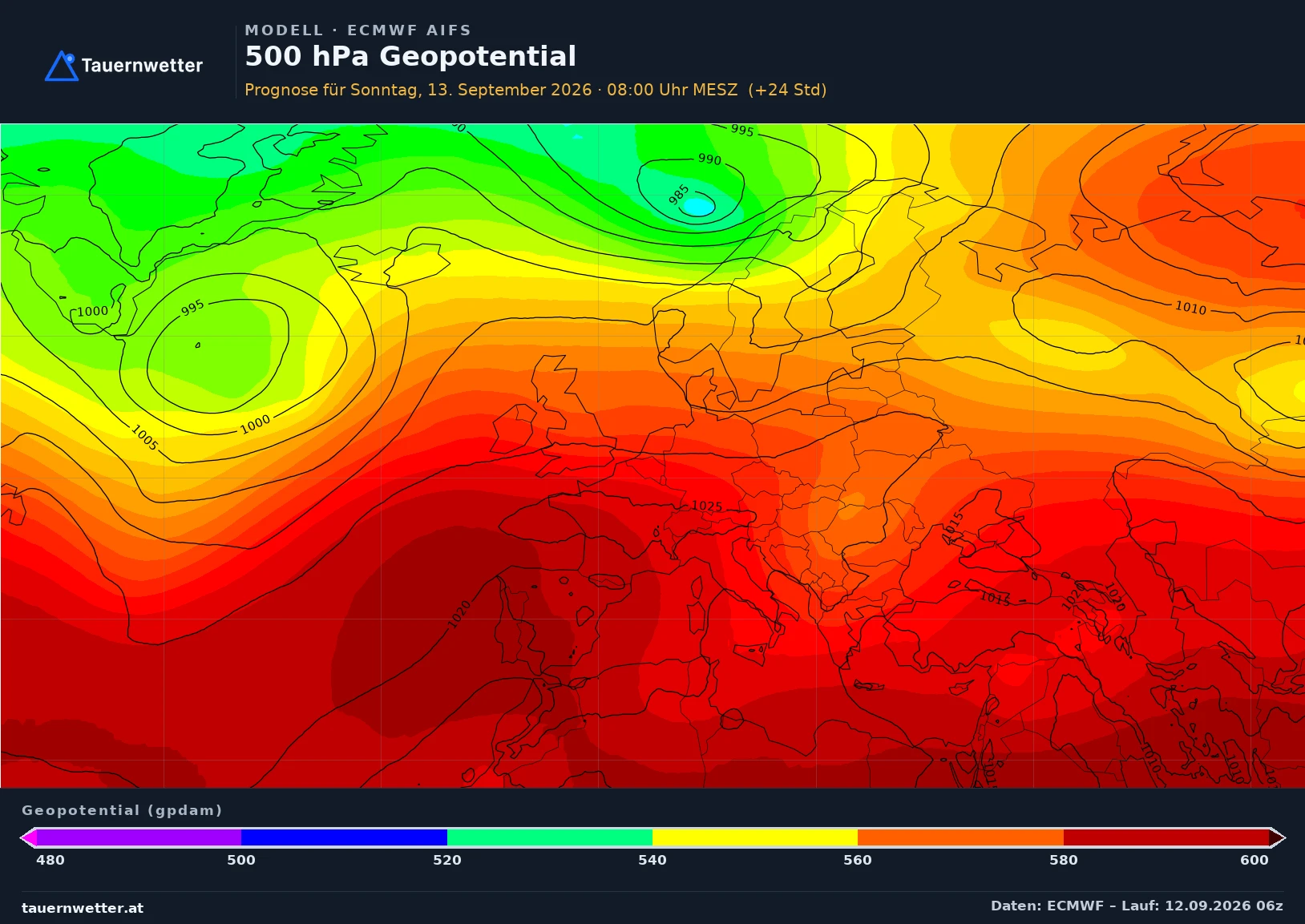 ECMWF AIFS Modellkarte Bodendruck und 500 hPa Geopotential Europa, Vorhersage +24 Stunden
