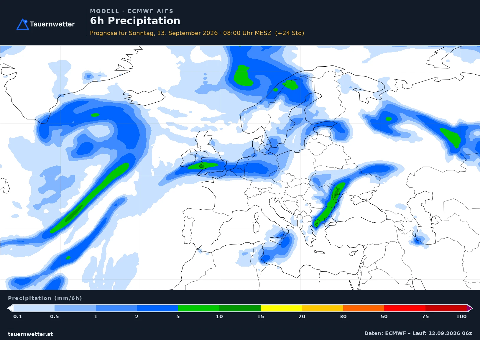 ECMWF AIFS Modellkarte Niederschlag 6 h Europa, Vorhersage +24 Stunden