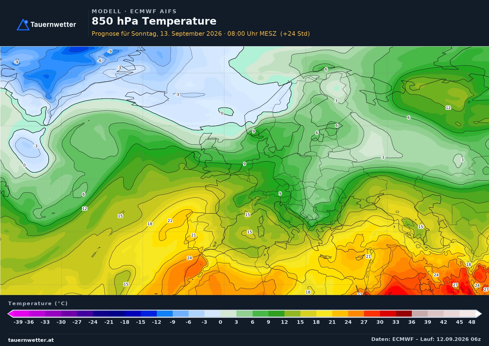ECMWF AIFS Modellkarte Temperatur 850 hPa Europa, Vorhersage +24 Stunden