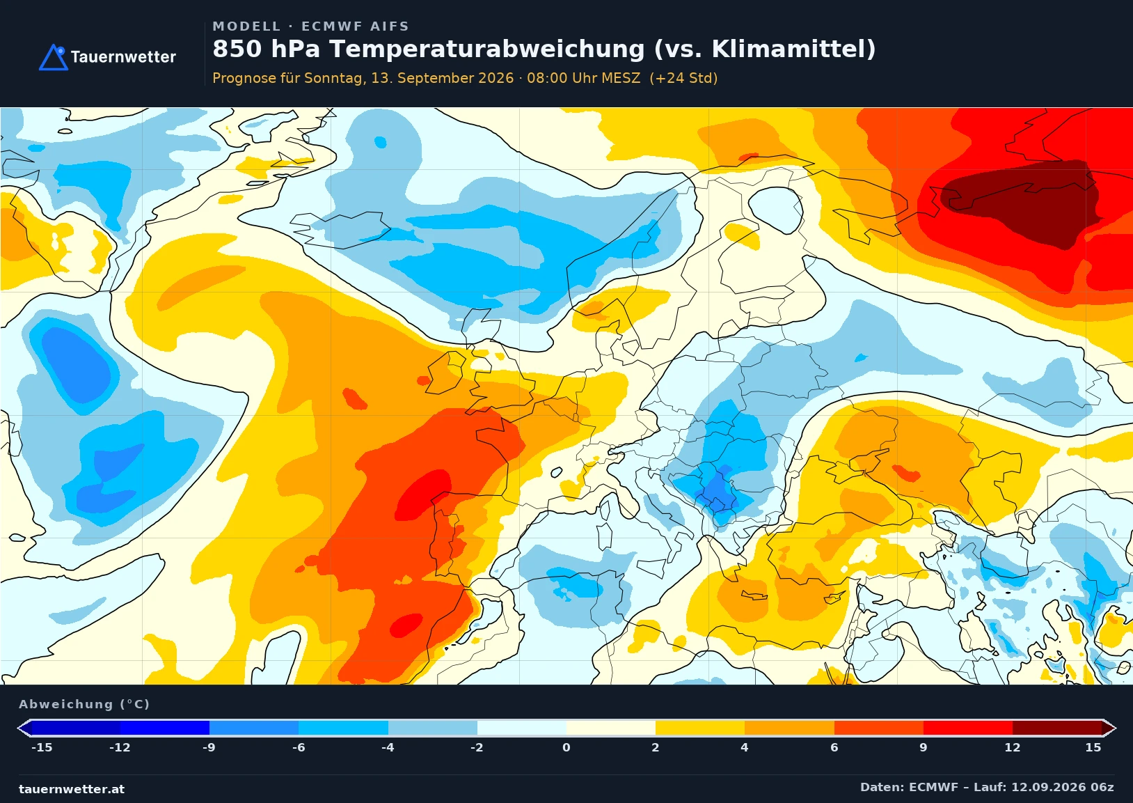 ECMWF AIFS Modellkarte Temperatur 850 hPa, Abweichung Europa, Vorhersage +24 Stunden