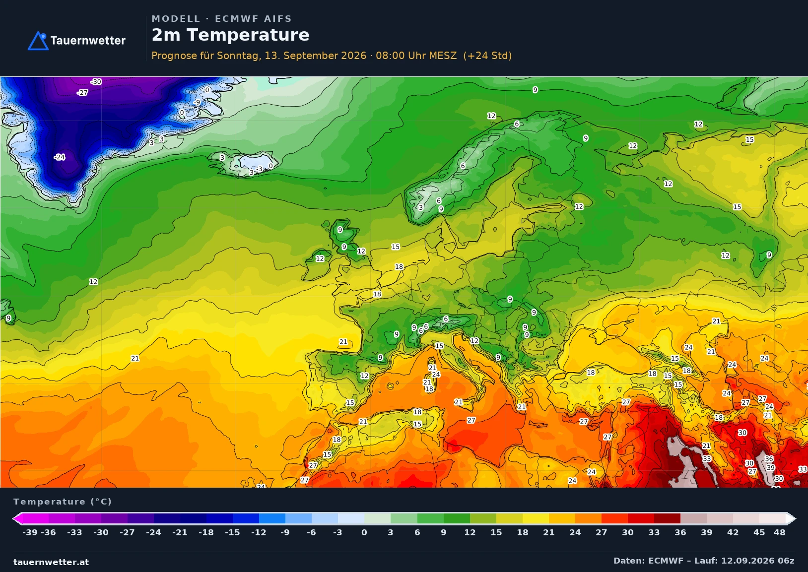 ECMWF AIFS Modellkarte Temperatur 2 m Europa, Vorhersage +24 Stunden