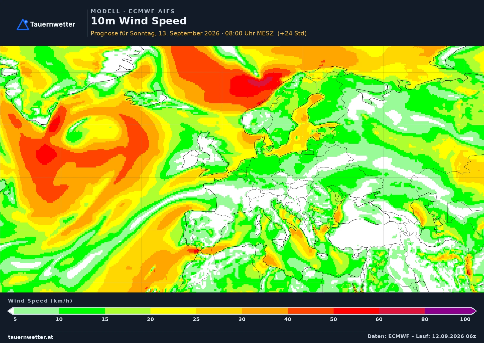 ECMWF AIFS Modellkarte Mittelwind 10 m Europa, Vorhersage +24 Stunden