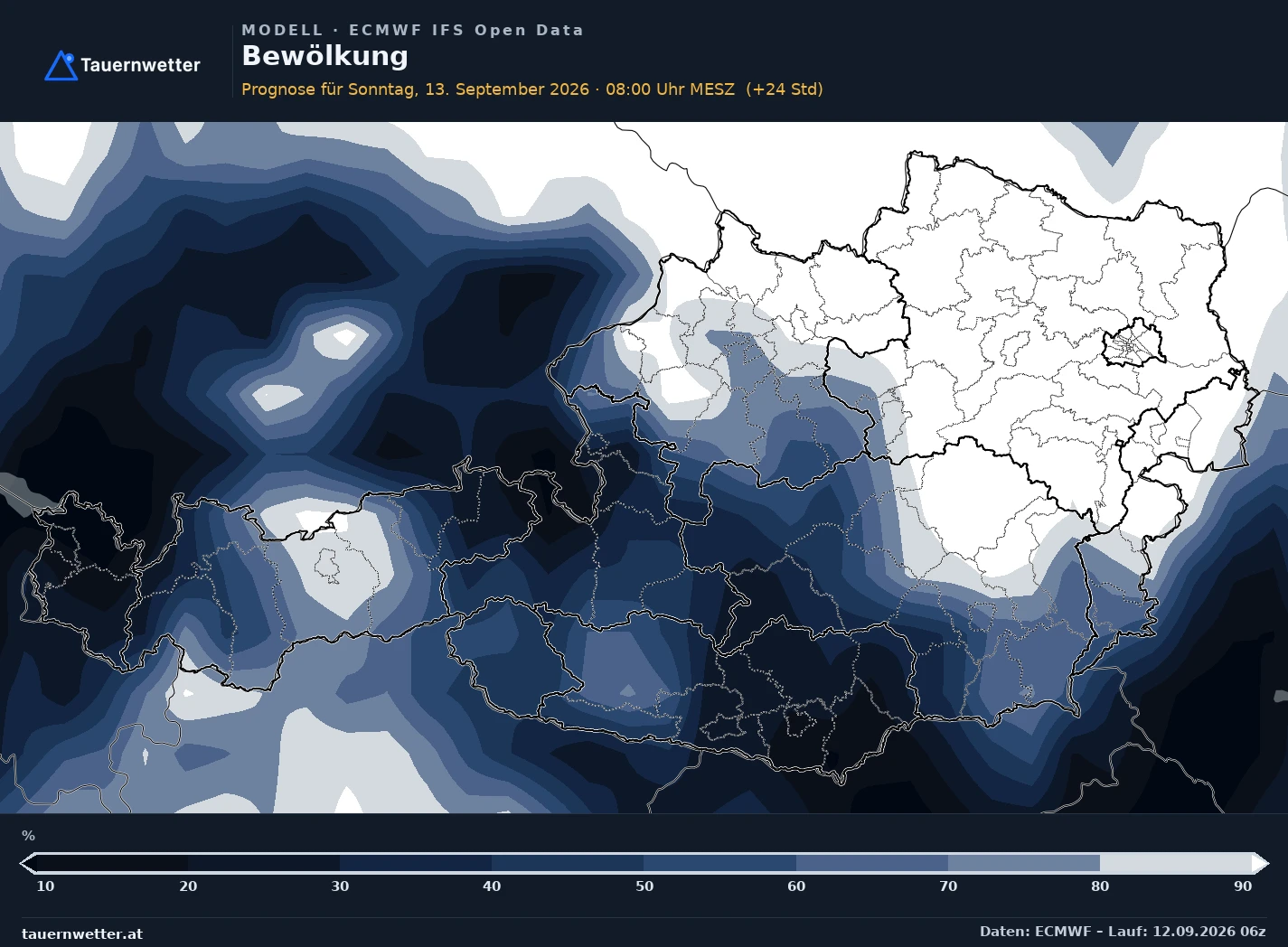 ECMWF IFS Modellkarte Bewölkung Österreich, Vorhersage +24 Stunden