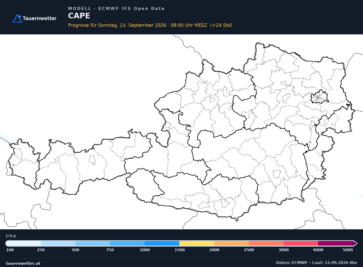 ECMWF IFS Modellkarte CAPE, Gewitterpotential Österreich, Vorhersage +24 Stunden