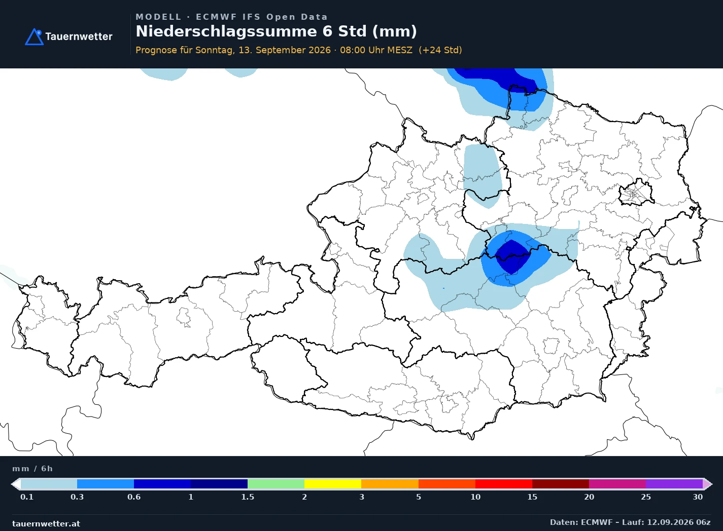 ECMWF IFS Modellkarte Niederschlag 6 h Österreich, Vorhersage +24 Stunden
