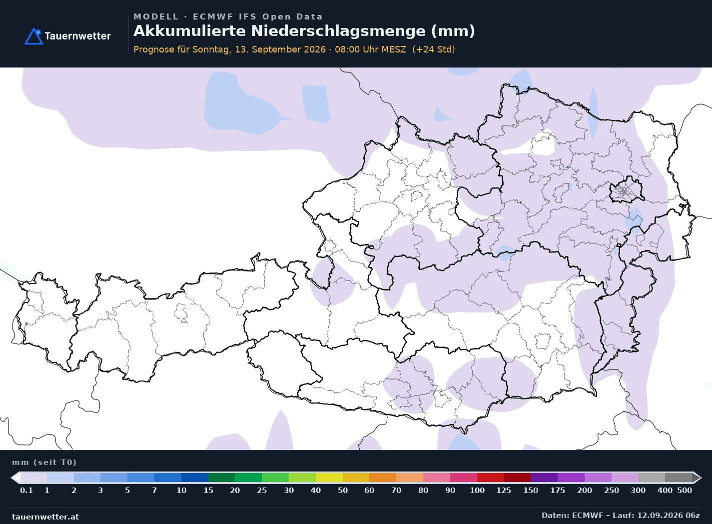 ECMWF IFS Modellkarte Niederschlag akkumuliert Österreich, Vorhersage +24 Stunden