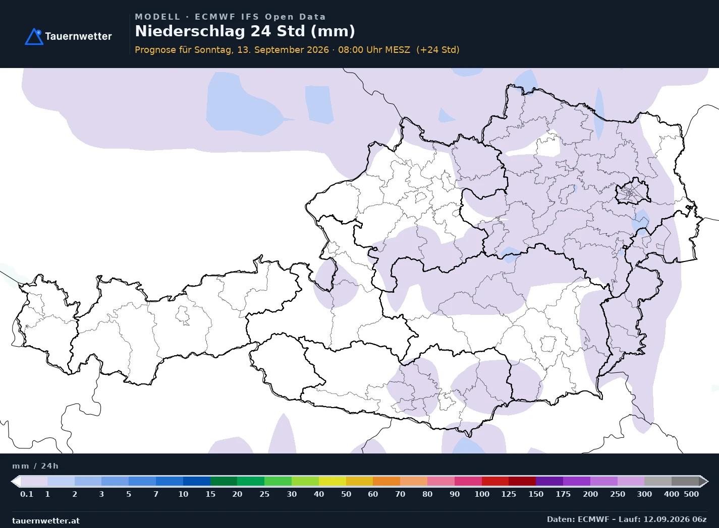 ECMWF IFS Modellkarte Niederschlag 24 h Österreich, Vorhersage +24 Stunden