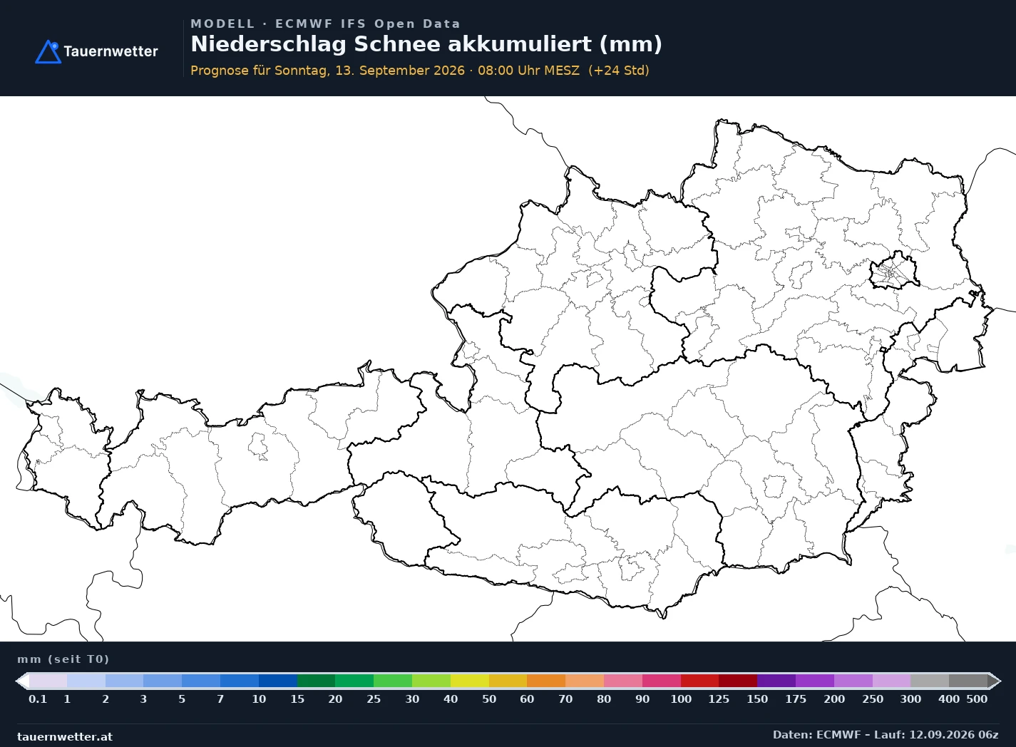 ECMWF IFS Modellkarte Schnee akkumuliert Österreich, Vorhersage +24 Stunden