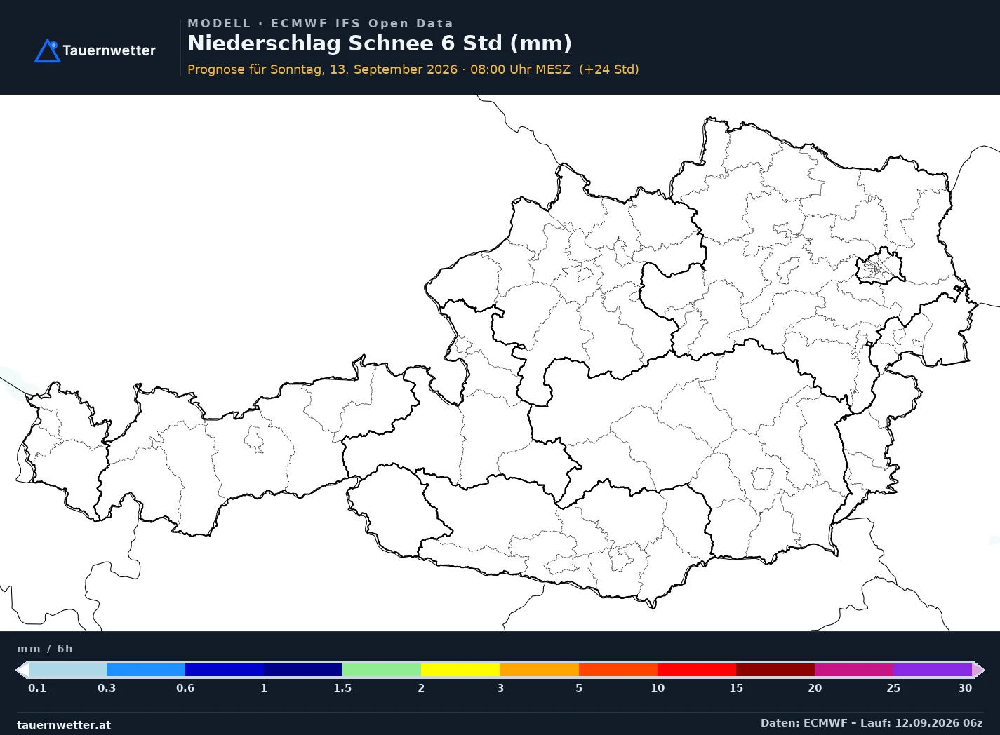 ECMWF IFS Modellkarte Schnee 6 h Österreich, Vorhersage +24 Stunden