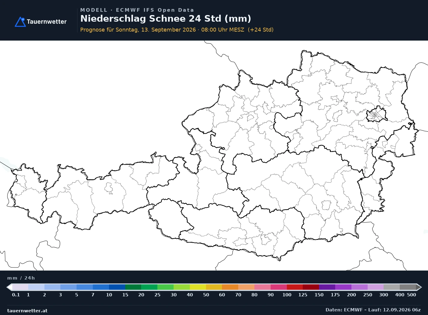 ECMWF IFS Modellkarte Schnee 24 h Österreich, Vorhersage +24 Stunden