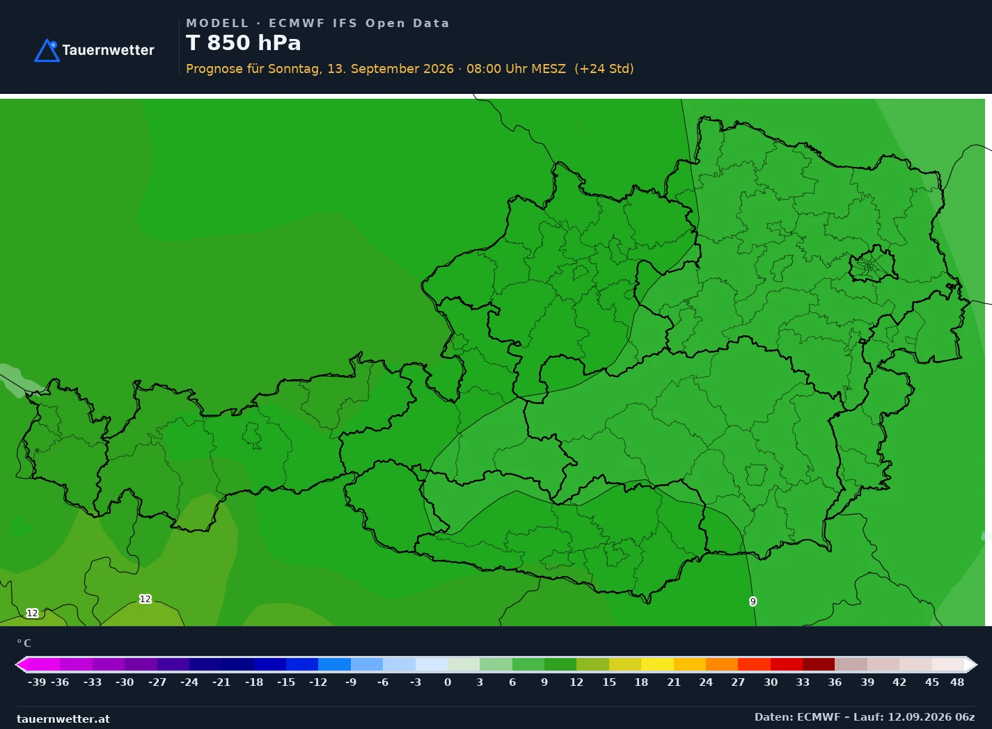 ECMWF IFS Modellkarte Temperatur 850 hPa Österreich, Vorhersage +24 Stunden