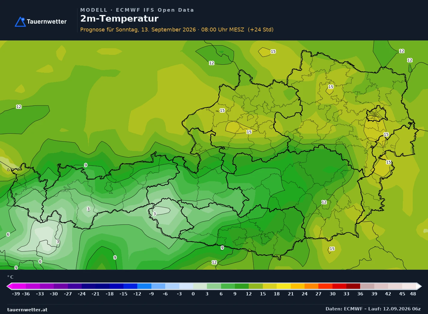 ECMWF IFS Modellkarte Temperatur 2 m Österreich, Vorhersage +24 Stunden