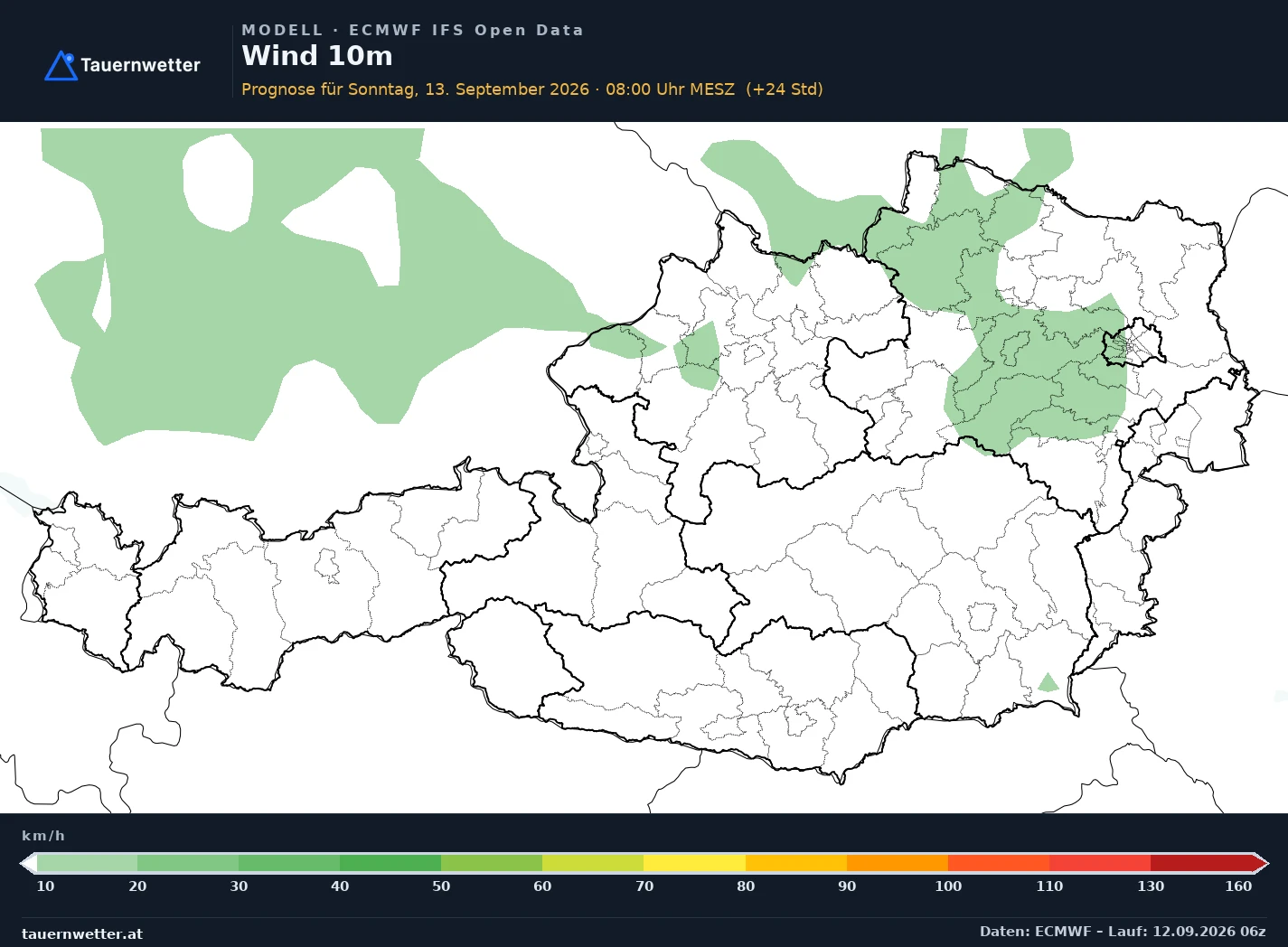 ECMWF IFS Modellkarte Mittelwind 10 m Österreich, Vorhersage +24 Stunden