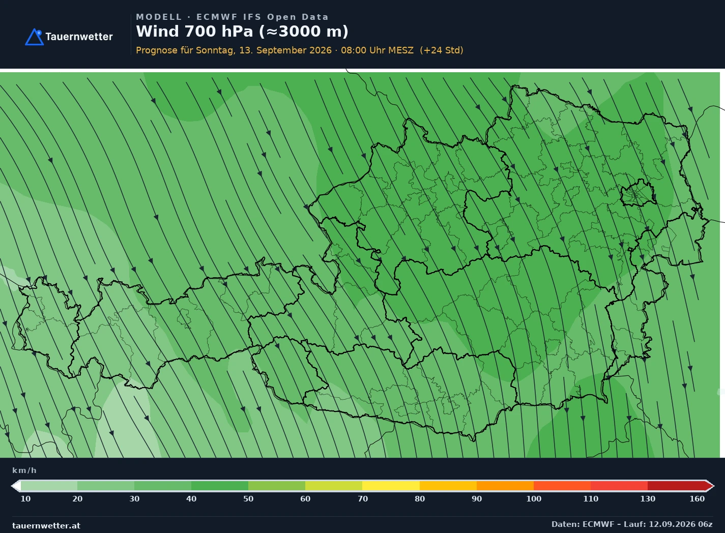ECMWF IFS Modellkarte Wind 700 hPa, rund 3.000 m Österreich, Vorhersage +24 Stunden