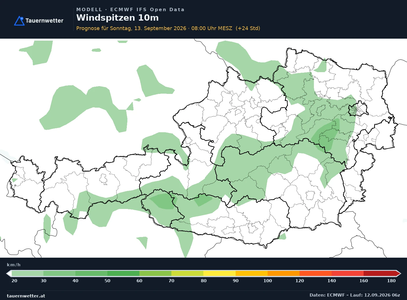 ECMWF IFS Modellkarte Windböen 10 m Österreich, Vorhersage +24 Stunden