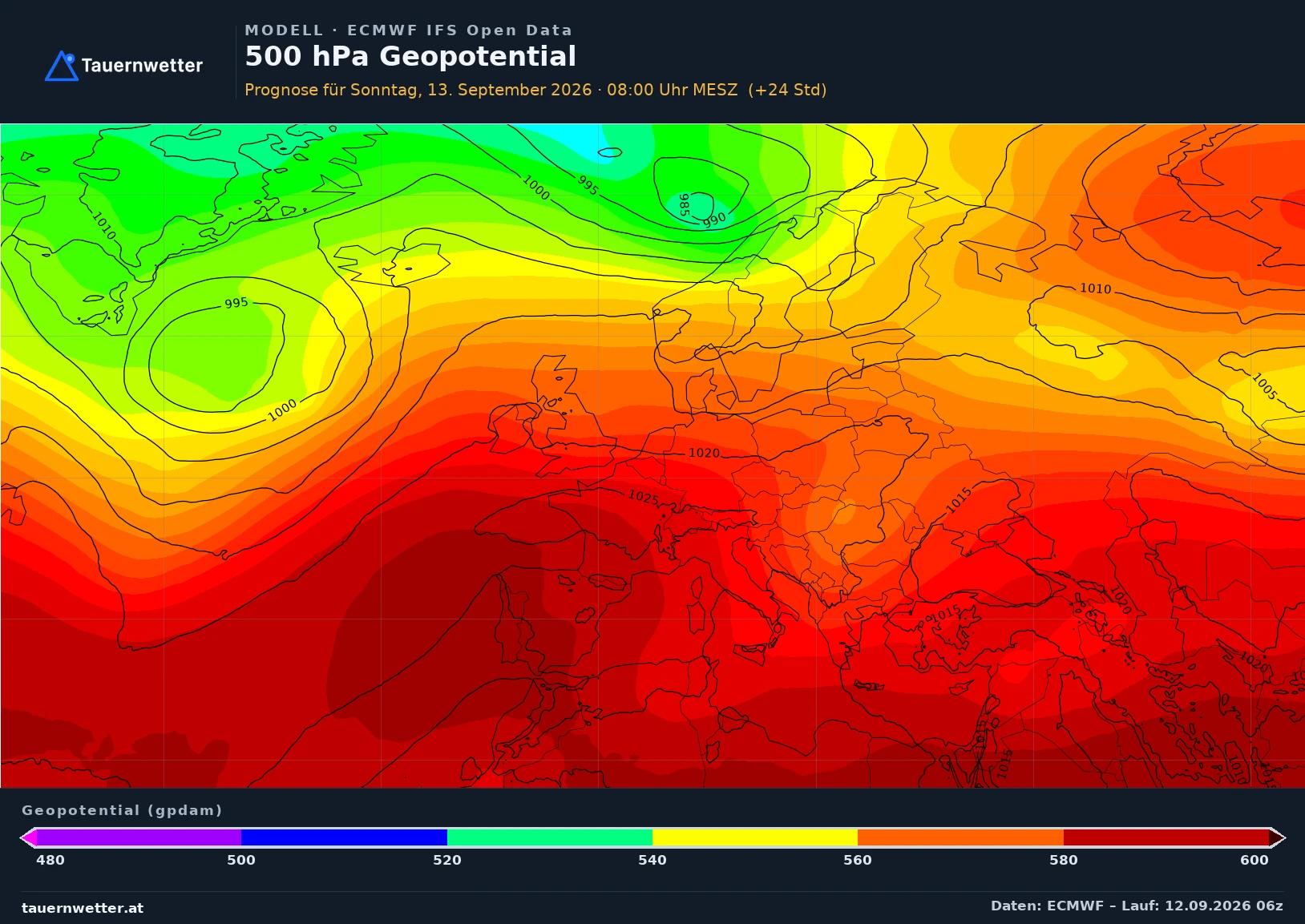 ECMWF IFS Modellkarte Bodendruck und 500 hPa Geopotential Europa, Vorhersage +24 Stunden